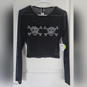 Black Skull Mesh Long Sleeve Top